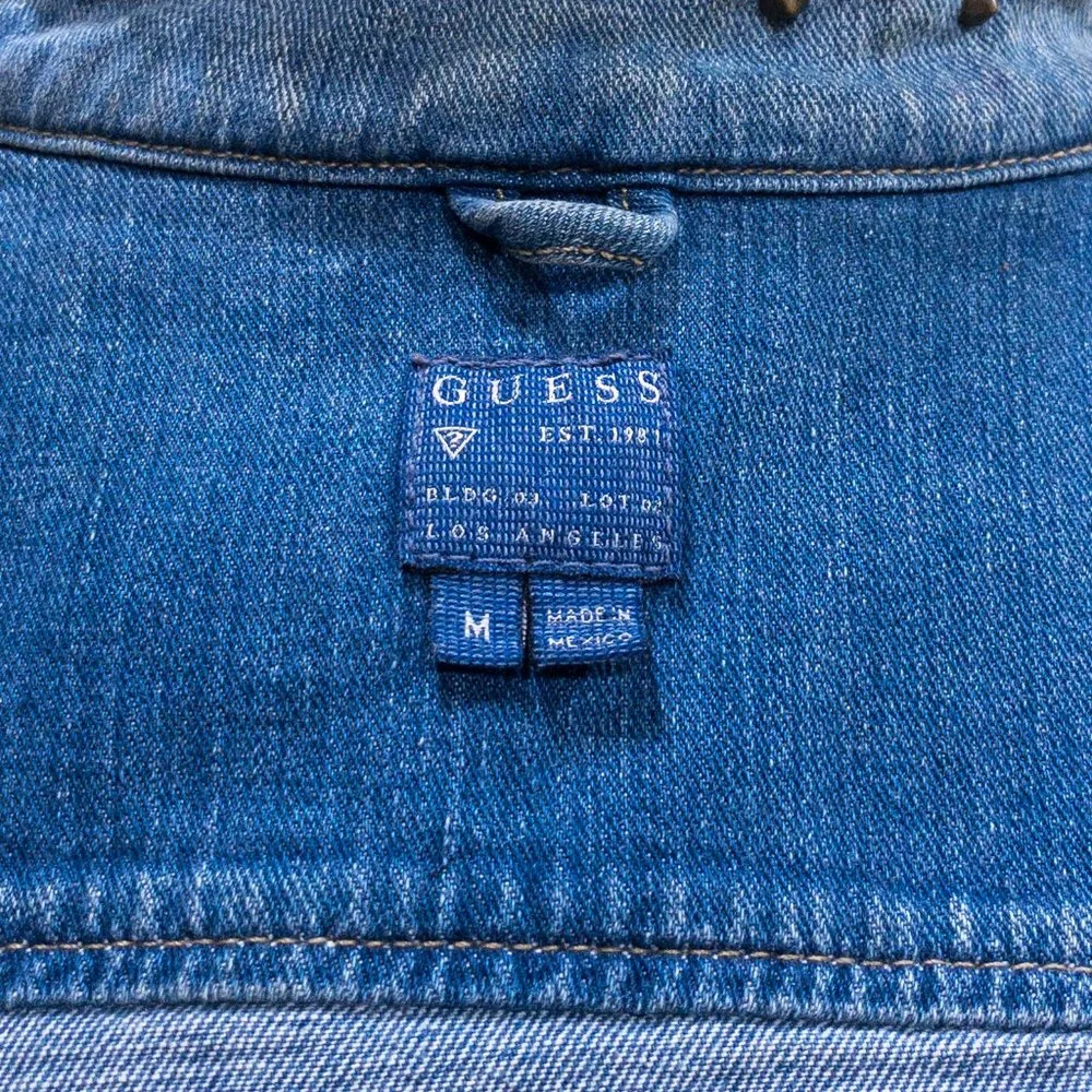 Guess M Sleeveless Jean Jacket Vest Layer Studded Collar Pattern Back Crop Top - Picture 13 of 16